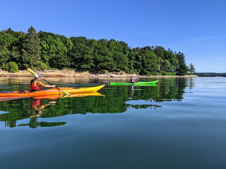 a boat floating along a river next to a body of water