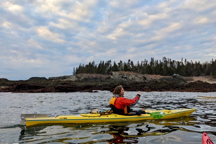 a group of people kayaking along a rocky coastline in Casco Bay.