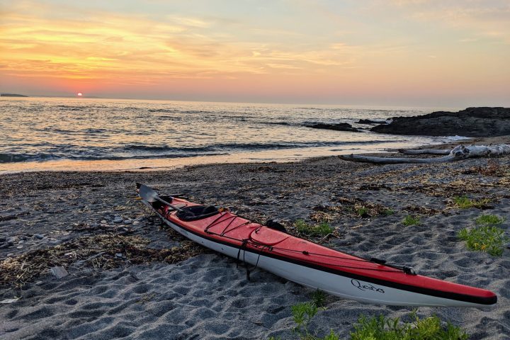 a beach with a surf board on a body of water