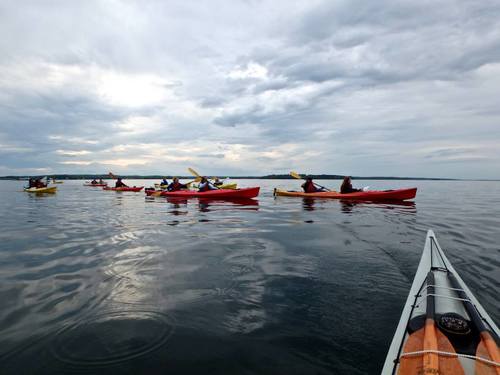 a group of people rowing a boat in a body of water