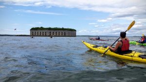 Paddling to Fort Gorges in a sea kayak in Maine