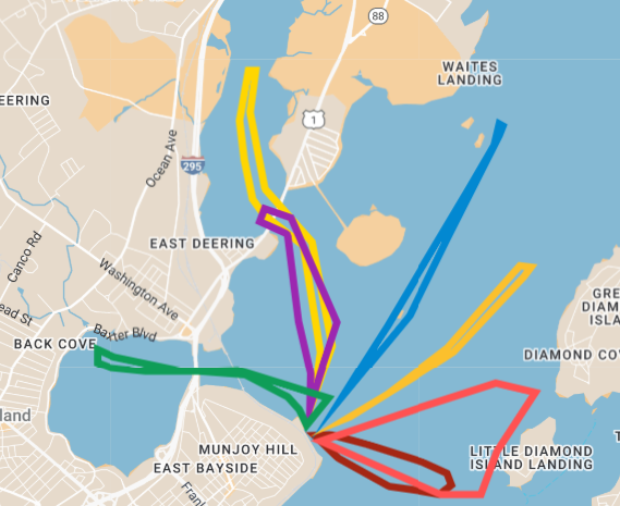 A map of the Portland harbor area with seven different courses drawn on it