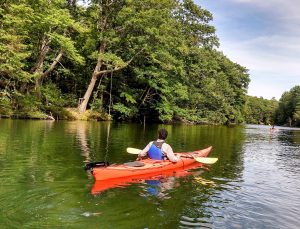 a man riding on the back of a boat next to a lake