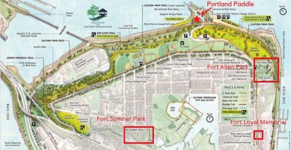 Map showing the locations of historic forts in walking distance of East End Beach