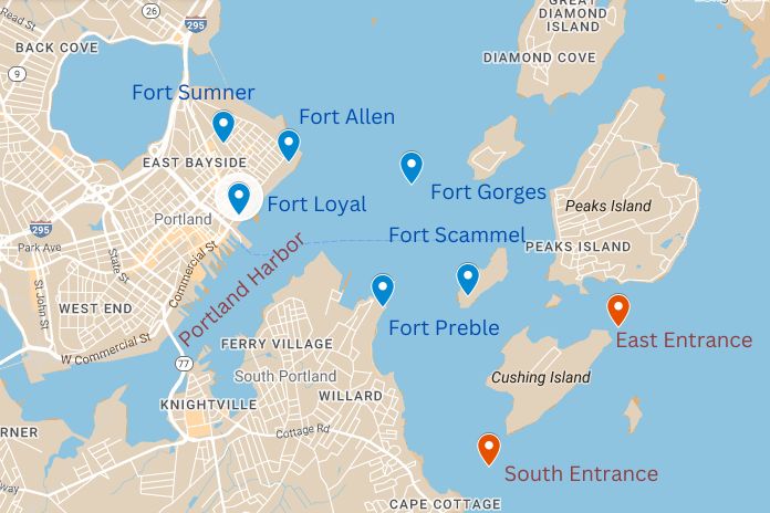 Portland Harbor Map showing forts of Portland Harbor