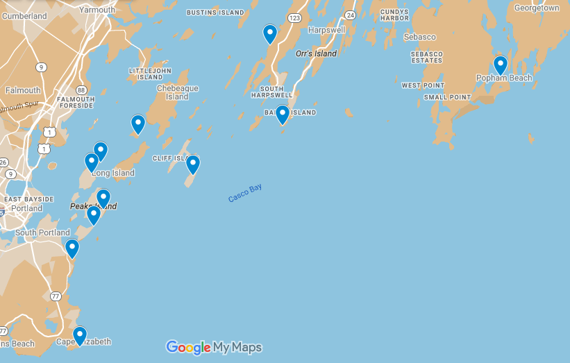 Map of Casco Bay showing the 6 forts and other WWII sites of interest