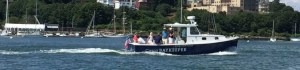 A motor boat cruises through a small harbor 