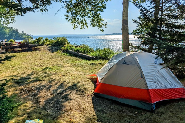 Tent on grassy campsite by a lake with trees and a picnic table in the background.