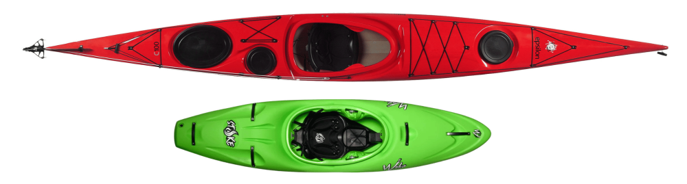 Top view of a red kayak and a green kayak side by side on a white background.