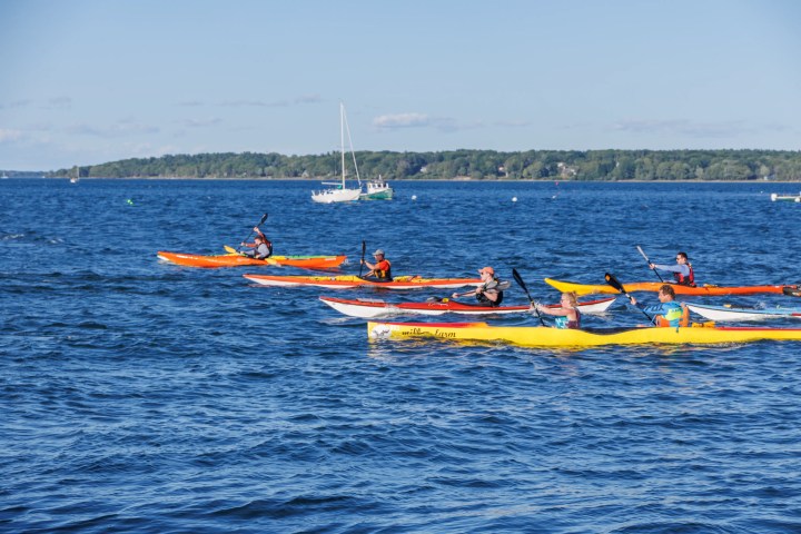Group of people kayaking on a sunny day in the ocean.