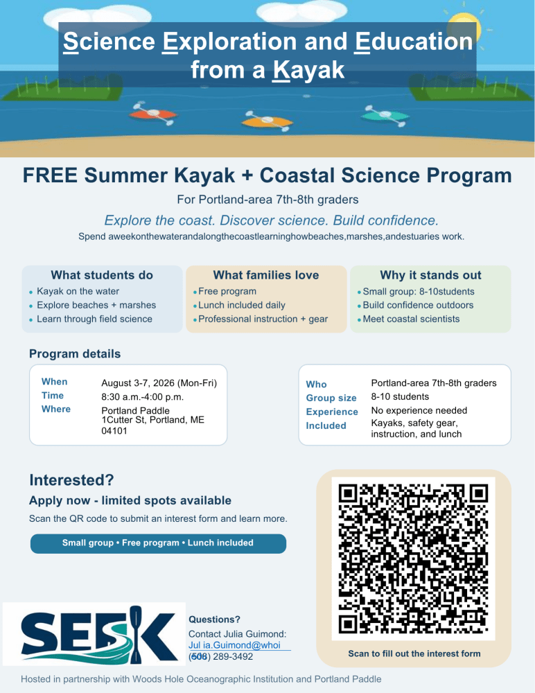 Program flyer for free summer kayak science program for 7th-8th graders in Portland.